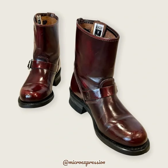 $389 Veronica Short Engineer Lug Sole Belted Red Oxblood Leather Moto Ankle Boot - Picture 7 of 13